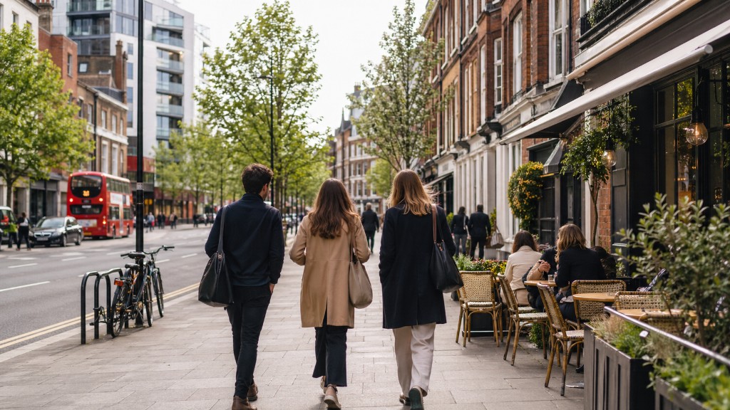Young professionals walking through a London neighbourhood street