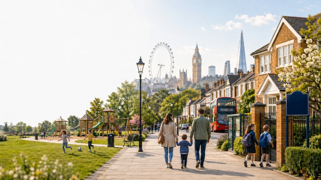 Family-friendly London neighbourhood with park space and skyline backdrop