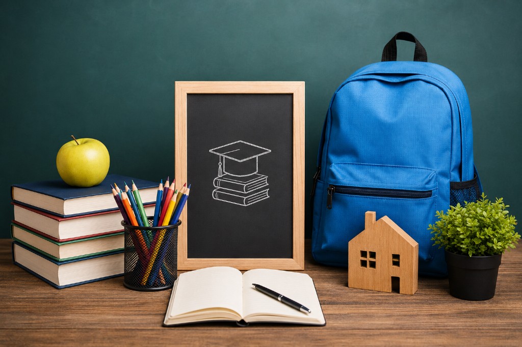 School books, backpack and a small house on a desk — choosing primary schools and family life in London
