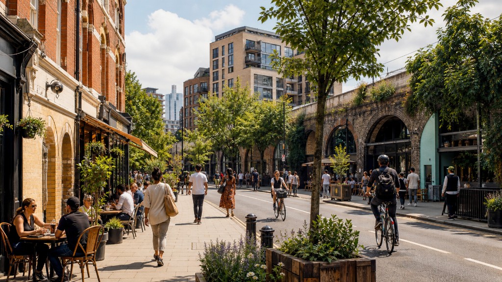 Bethnal Green: railway arches, outdoor cafés, trees and modern flats beside Victorian brick