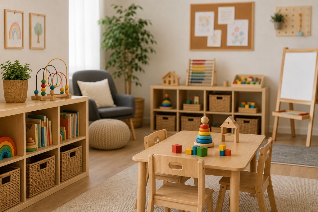 Bright, organised early years nursery room with wooden furniture, toys and children