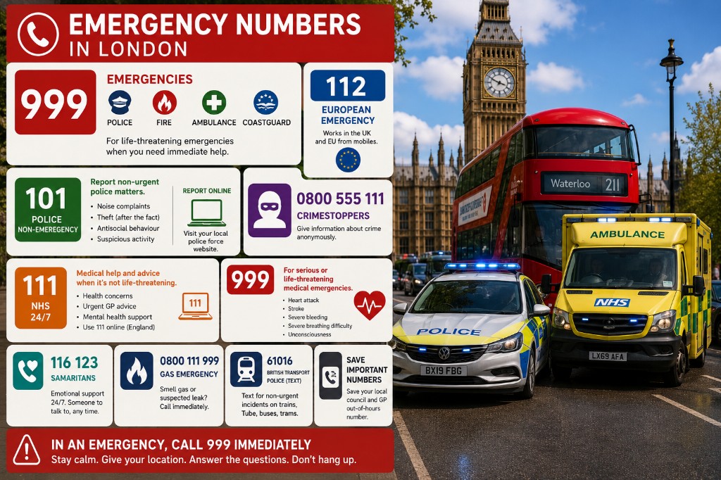 Emergency numbers in London — police, ambulance, NHS 111, Samaritans and gas emergency