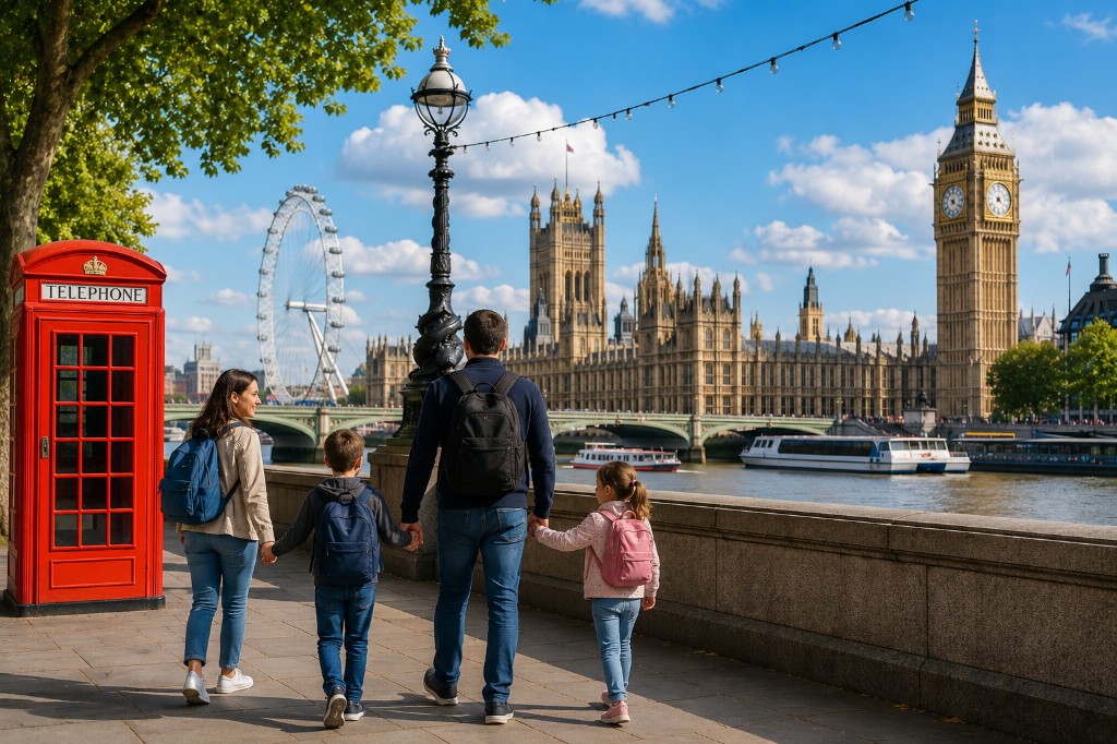 Family walking along the Thames with London Eye, Westminster and Big Ben in the background