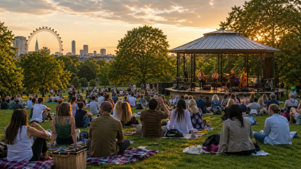 Free outdoor event in a London park at sunset