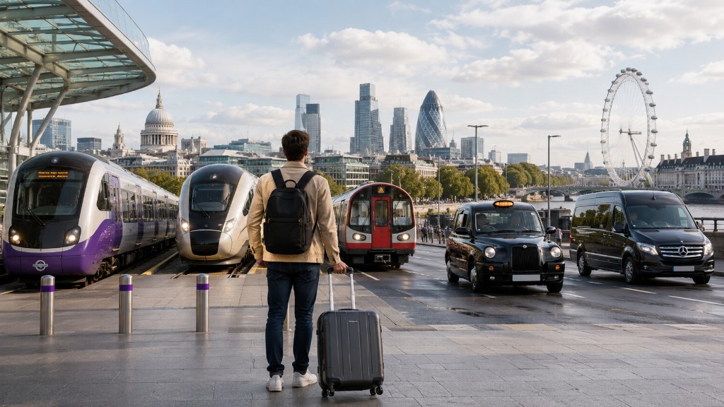 Traveller with luggage facing London skyline and Heathrow transport options: Elizabeth line, Heathrow Express, Tube, tax