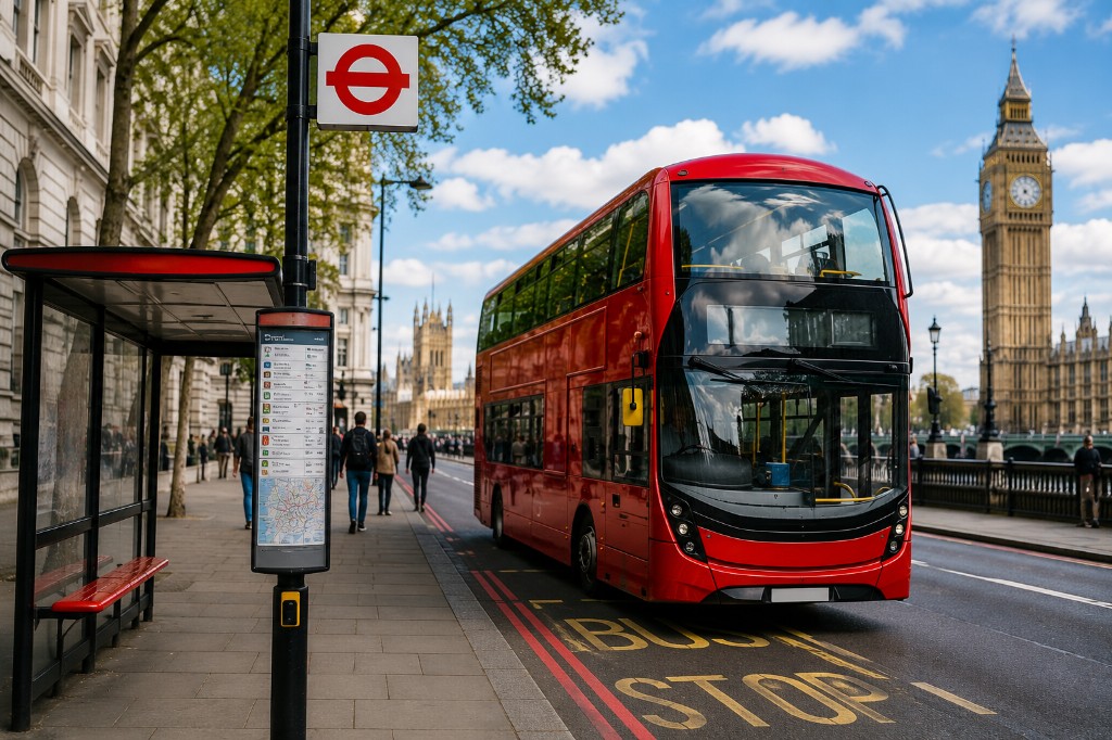 Red London double-decker bus at a TfL bus stop with route information and Westminster in the background