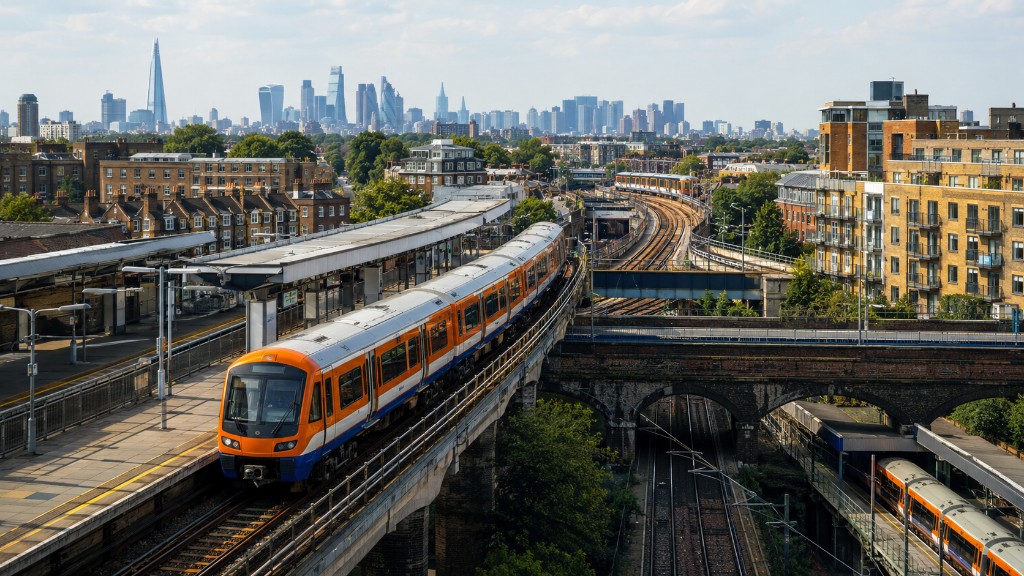 London Overground trains on elevated tracks with the City skyline in the background