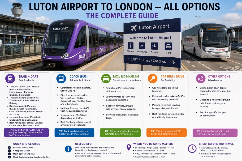 Luton Airport DART shuttle, airport signage and National Express coach to London