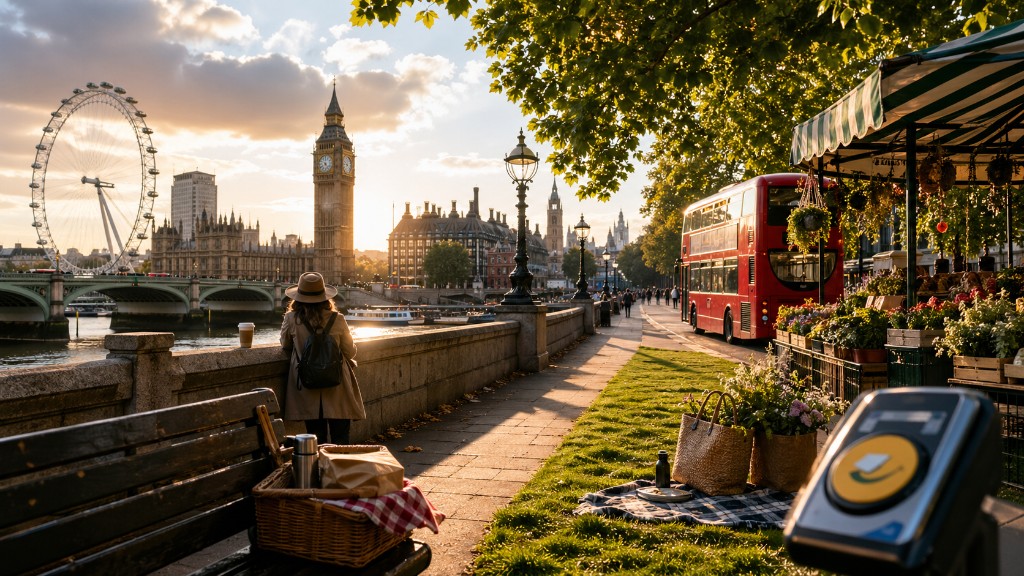 London weekend riverside walk with skyline and red bus at sunset