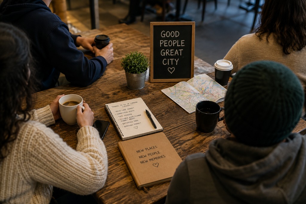 People at a café table with a London map, notebook listing things to do and a sign reading good people great city