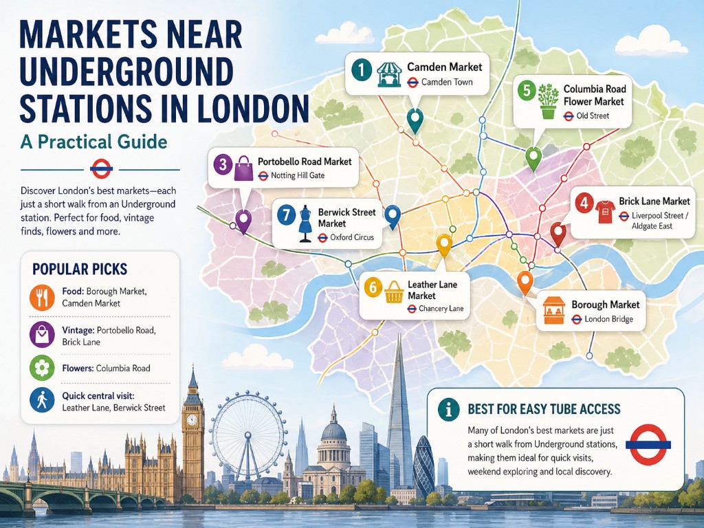 Map of London markets near Underground stations