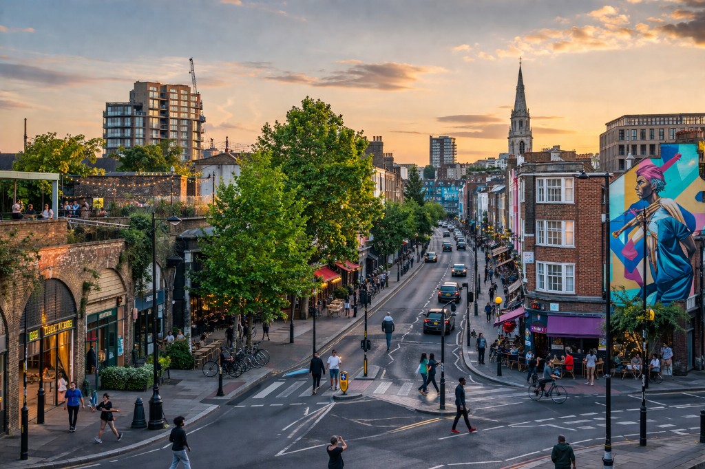Peckham at sunset: railway arches, rooftop lights, street art, and busy Rye Lane life