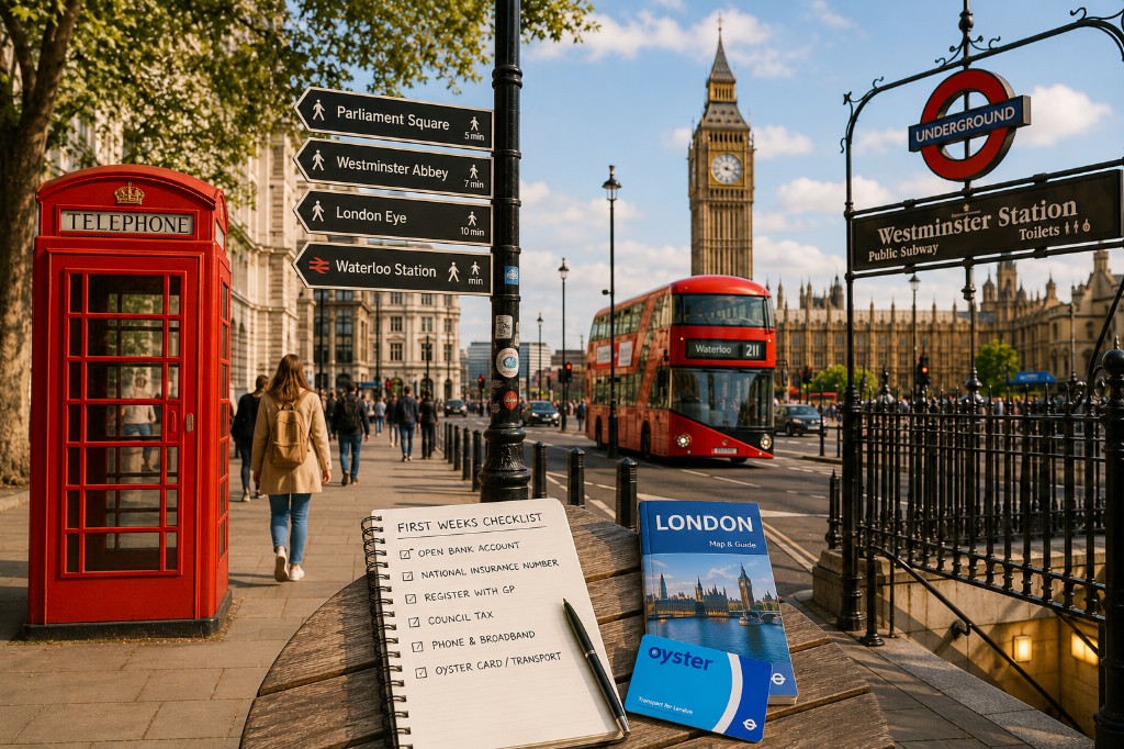 First weeks in London checklist — bank account, NI number, GP, council tax, phone and Oyster card near Westminster
