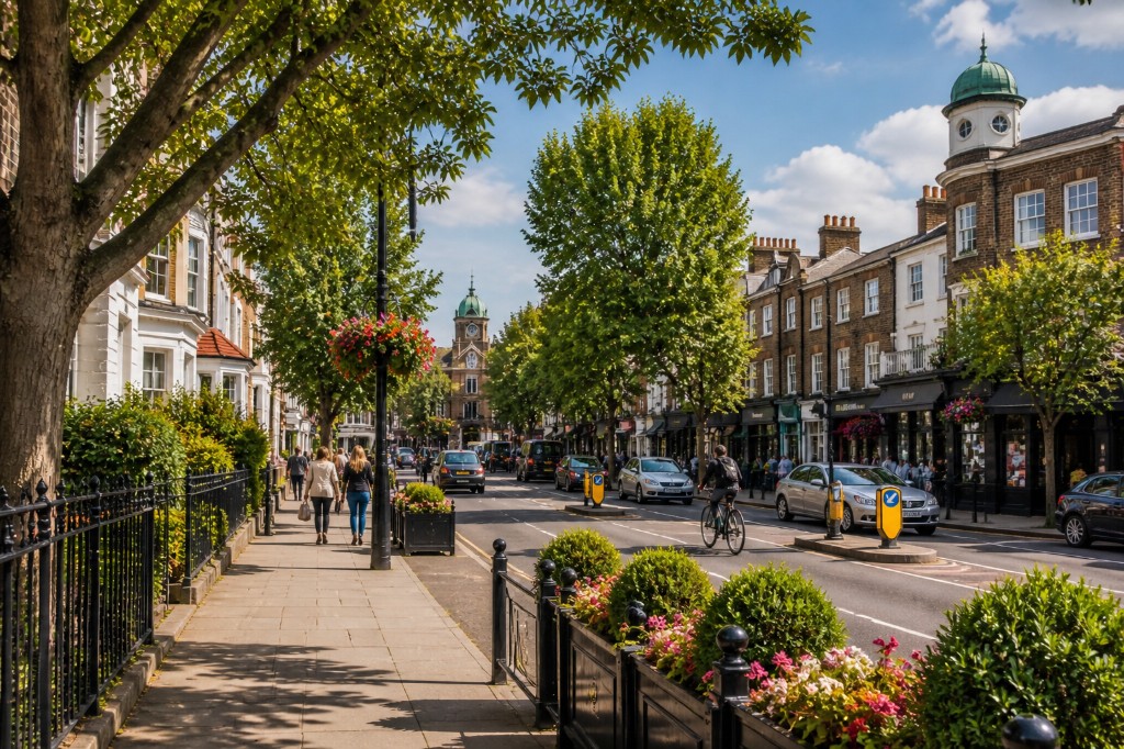 Wimbledon Village High Street: period shops and trees sloping toward a distant clock tower under a bright sky